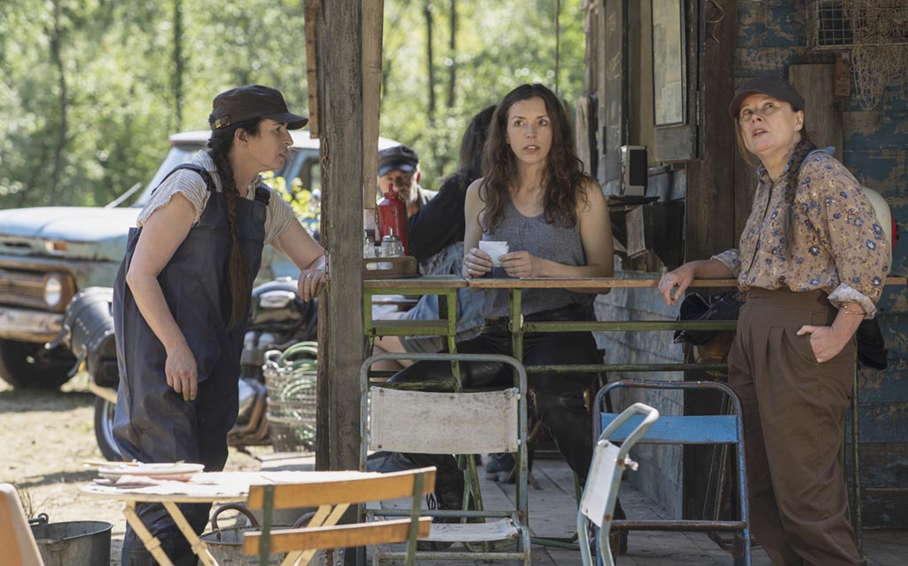 Pictured: (L-R) Susan Lynch as AGNES, Bridget Christie as LINDA and Monica Dolan as CARMEL.